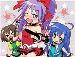  3girls cosplay crossover hiiragi_kagami hyper_blossom hyper_blossom_(cosplay) ixy izumi_konata katou_emiri kusakabe_misao long_hair lucky_star mole mole_under_eye multiple_girls oerba_yun_fang powered_buttercup powered_buttercup_(cosplay) powerpuff_girls_z rolling_bubbles rolling_bubbles_(cosplay) voice_actor_connection 