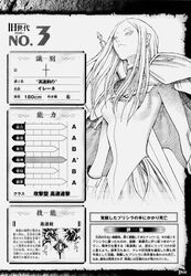  armor claymore_(series) databook female greyscale highres irene_(claymore) long_hair monochrome sword translation_request weapon yagi_norihiro 