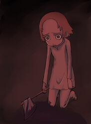  axe barefoot blood blood_on_feet blood_on_leg blood_on_weapon bright_pupils brown_hair claymore_(series) crying dress female forehead full_body furrowed_brow grey_dress holding holding_axe kneeling legs long_sleeves looking_down pool_of_blood priscilla_(claymore) raised_eyebrows sad short_hair solo streaming_tears tea_(nakenashi) tears weapon yandere 