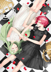  2girls bag closed_eyes dress garex green_hair holding_hands multiple_girls original petals photoshop_(medium) red_hair rotational_symmetry 