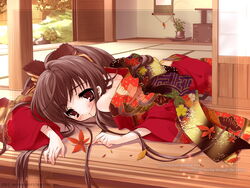  2003 autumn bare_shoulders blush bow brown_eyes brown_hair english_text expressionless female floral_print garden hair_in_own_mouth hairbow highres indoors interior ito_noizi japanese_clothes kimono komorebi_ni_yureru_tamashii_no_koe leaf long_hair looking_at_viewer lying maple_leaf off_shoulder on_stomach ponytail porch red_kimono ribbon sliding_doors solo sui_(komorebi) tatami veranda very_long_hair yukata 