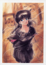  1980s_(style) absurdres ankh ankh_earrings ayukawa_madoka black_dress black_hair blue_eyes dress earrings female highres jewelry kimagure_orange_road long_hair photoshop_(medium) retro_artstyle solo takada_akemi umbrella 