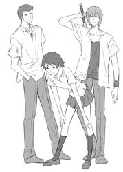  2boys arm_at_side baseball_bat bent_over closed_mouth female frown full_body greyscale hand_in_pocket hands_on_own_knees holding kneehighs konno_makoto legs_apart loafers looking_at_viewer mamiya_chiaki miniskirt monochrome multiple_boys open_clothes open_shirt photoshop_(medium) pleated_skirt school_uniform shirt shoes short_hair short_sleeves simple_background sketch skirt smile socks standing toki_wo_kakeru_shoujo toshibou_(satsukisou) tsuda_kousuke white_background wristband 