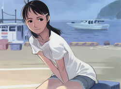  between_legs black_hair boat brown_eyes cargo copyright_request crate denim denim_shorts female freckles grey_shorts hair_ornament hairclip hand_between_legs harbor highres ocean shirt short_shorts shorts sitting smile solo takamichi watercraft white_shirt 