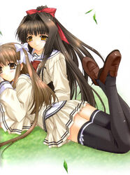  2girls black_legwear blush bow bow_legwear brown_eyes brown_hair grass hair_intakes hair_ribbon hairbow half_updo highres kimizuka_aoi leaf loafers long_hair lost_passage lying multiple_girls on_stomach pleated_skirt ribbon scan school_uniform shoes skirt thighhighs usa_mizuki very_long_hair wind yamabuki_sayuki zettai_ryouiki 