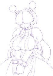  alternate_breast_size apron breasts collar dress female fuyube_rion hair_over_eyes huge_breasts long_hair maid maid_headdress monochrome purple_theme robot_ears solo taut_clothes taut_dress tesse waku_waku_7 