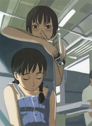  2girls brown_eyes brown_hair bus bus_interior camera closed_eyes copyright_request disposable_camera dress highres motor_vehicle multiple_girls short_hair sleeping takamichi 