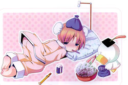  ah-kun barefoot bird blush bun_cover double_bun duck female hair_bun ice ice_cube ice_pack liquid-in-glass_thermometer moetan nijihara_ink nose_blush oni-kun pajamas pen-kun pillow pop_(electromagneticwave) sick solo_focus thermometer top-down_bottom-up 