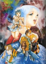  1980s_(style) 1990s_(style) 2boys 4girls aqua_hair black_eyes black_hair blonde_hair brown_hair choujikuu_yousai_macross denim dress earth_(planet) hayase_misa helmet highres ichijou_hikaru ishtar_(macross) jacket kanzaki_hibiki long_hair lynn_minmay macross macross:_do_you_remember_love? macross_2 mardook mikimoto_haruhiko military military_uniform multicolored_hair multiple_boys multiple_girls official_art pilot_suit planet promotional_art retro_artstyle science_fiction space spacesuit star_(sky) streaked_hair sylvie_gena traditional_media u.n._spacy uniform video_camera 