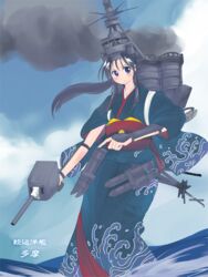  8touhei black_hair blue_eyes character_name chimney female gun imperial_japanese_navy japanese_clothes long_hair mecha_musume military ocean original personification ship sidelocks smoke solo tama_(cruiser) watercraft weapon world_war_ii 