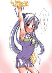  armpits blush cheerleader embarrassed female highres hiiragi_kagami kazahana_chiruwo long_hair lucky_star photoshop_(medium) pom_pom_(cheerleading) purple_hair sketch solo sweat translated tsurime twintails very_long_hair 