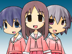  3girls artist_request azumanga_daioh&#039;s_school_uniform azumanga_daiou blue_eyes bonklers brown_eyes kagura_(azumanga_daioh) kasuga_ayumu multiple_girls pink_eyes pink_serafuku pink_shirt school_uniform serafuku shirt takino_tomo winter_uniform 