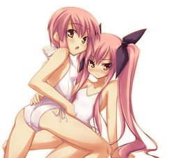  2girls ass blush bow breasts incest kousaka_alice kousaka_maria long_hair multiple_girls one-piece_swimsuit photoshop_(medium) pink_hair shimakaze_(soundz_of_bell) short_hair siblings sisters small_breasts suigetsu swimsuit twintails yellow_eyes yuri 