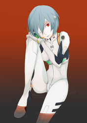  ayanami_rei bandage_over_one_eye bandages blue_hair bodysuit collarbone expressionless female ghost-q gradient_background groin_tendon hair_between_eyes hand_on_own_knee head_tilt knee_up lcl neon_genesis_evangelion pale_skin parted_lips partially_submerged photoshop_(medium) pilot_suit plugsuit red_eyes short_hair sitting solo turtleneck white_bodysuit 