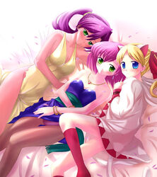  3girls animal_ears artist_request bed blonde_hair blue_eyes cat_ears cherry_blossoms dancer dancer_(final_fantasy) faris_scherwiz final_fantasy final_fantasy_5 green_eyes krile_mayer_baldesion_(ff5) lenna_charlotte_tycoon long_hair lying multiple_girls panties pantyhose pink_hair purple_hair sarisa_highwind_tycoon short_hair underwear white_mage_(final_fantasy) 