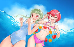  2girls assisted_exposure bikini bikini_pull blue_sky blush casual_one-piece_swimsuit clothes_pull cloud day floral_print garex green_hair innertube multiple_girls navel ocean one-piece_swimsuit original outdoors partially_submerged photoshop_(medium) print_swimsuit pulling_another&#039;s_clothes red_hair sky swim_ring swimsuit undressing 