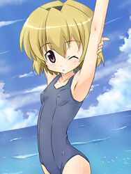  aikei blonde_hair female higurashi_no_naku_koro_ni houjou_satoko one-piece_swimsuit school_swimsuit solo swimsuit 