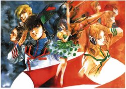  1980s_(style) 2boys 6+girls annotated choujikuu_yousai_macross claudia_lasalle everyone hayase_misa highres ichijou_hikaru kim_kabirov lynn_minmay macross maximilian_jenius mecha mikimoto_haruhiko multiple_boys multiple_girls painting_(medium) retro_artstyle robot roy_focker shammy_milliome traditional_media valkyrie vanessa_laird vf-1 vf-1_super vf-1s watercolor_(medium) 