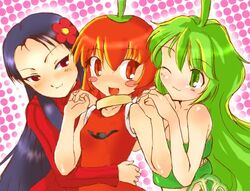  3girls :d artist_request bare_shoulders blue_dress blush blush_stickers boukun_habanero chili_pepper closed_mouth dress evil_smile green_dress green_eyes green_hair habanero-neesan habanero-tan habanero_pepper hair_ornament jalapeno_(boukun_habanero) long_hair looking_at_another lowres multiple_girls no_nose one_eye_closed open_mouth polka_dot polka_dot_background red_dress red_eyes red_hair short_hair simple_background smile source_request very_long_hair 