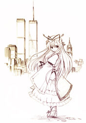  dress female full_body gradient hat hat_ribbon light_smile long_sleeves looking_at_viewer looking_back mob_cap monochrome photoshop_(medium) ribbon seo_tatsuya skyline solo standing tiptoes touhou turning_around wide_sleeves world_trade_center yakumo_yukari 