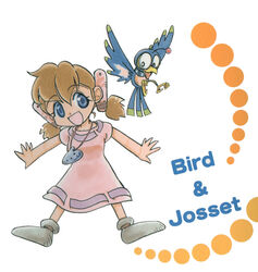  animal artist_request bird blue_eyes brown_hair character_name dress female full_body gem jewelry josette looking_at_viewer necklace outstretched_arms pendant pink_dress shoes short_sleeves simple_background solo white_background wonder_project_j2 