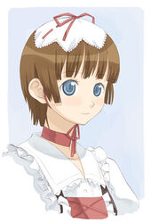  blue_background blue_eyes border brown_hair choker coyote_ragtime_show dress female hair_ribbon lowres red_ribbon ribbon sep short_hair simple_background solo takano_natsuki upper_body white_dress 