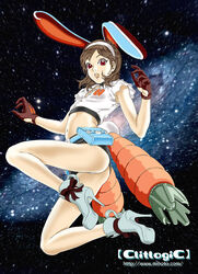  animal_ears ass black_gloves blue_skirt brown_eyes brown_hair fake_animal_ears female from_below getsumento_heiki_miina gloves high_heels looking_at_viewer midriff mihoto_kouji navel panties rabbit_ears skirt solo space star_(sky) stomach tsukishiro_mina underwear upskirt white_panties 