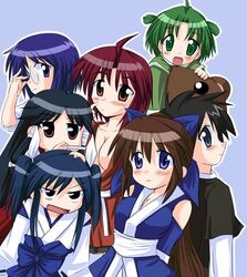  6+girls ahoge angry arms_behind_back ayane_(nagasarete_airantou) back-to-back bear black_hair blue_eyes blue_hair blush breasts brown_hair chikage_(nagasarete_airantou) cleavage everyone glasses green_eyes green_hair hair_ribbon hand_on_head japanese_clothes jun_(aoerm) kuma_kuma lolicon long_hair machi_(nagasarete_airantou) medium_breasts miko multiple_girls nagasarete_airantou no_bra open_mouth ponytail red_eyes red_hair ribbon rin_(nagasarete_airantou) short_hair short_twintails siblings sisters smile spiked_hair suzu_(nagasarete_airantou) touhouin_ikuto twintails very_long_hair yukino_(nagasarete_airantou) 