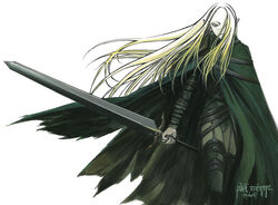  artist_request blonde_hair claymore_(series) cloak female grey_eyes holding holding_sword holding_weapon irene_(claymore) long_hair one_eye_covered pointy_ears solo strap sword weapon white_background 