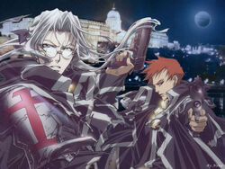  2boys abel_nightroad blue_eyes cross glasses gun highres long_hair male_focus multiple_boys nakajima_atsuko official_art red_hair tres_iqus trinity_blood weapon white_hair 