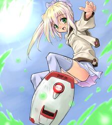  aircraft blonde_hair commentary_request crossover day eureka_seven eureka_seven_(series) female green_eyes hoverboard itoji multicolored_hair original panties pantyshot ponytail skirt sky sky_surfing skyboard solo striped_clothes striped_panties surfing thighhighs underwear 