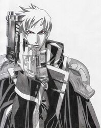  1boy armor cloak cross gloves greyscale gun latin_cross male_focus monochrome solo tres_iqus trinity_blood weapon 