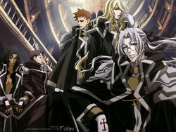  5boys abel_nightroad black_hair blonde_hair brown_hair glasses gloves grey_hair hugue_de_watteau leon_garcia_de_asturias long_hair male_focus multiple_boys nakajima_atsuko official_art tres_iqus trinity_blood william_walter_wordsworth 