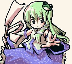  brown_eyes chibi detached_sleeves female frog_hair_ornament frown gohei green_hair hair_ornament kochiya_sanae long_hair looking_at_viewer meta&#039;36 outstretched_hand rope snake_hair_ornament solo touhou 