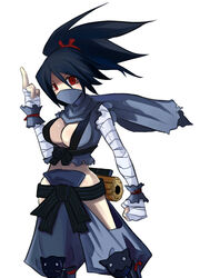  armor black_hair breasts cleavage clenched_hand disgaea eu03 female greaves hairband hakama hakama_skirt japanese_clothes knee_pads kunoichi_(disgaea) large_breasts long_hair makai_senki_disgaea_2 mask mouth_mask ninja ninja_mask no_panties pale_skin photoshop_(medium) ponytail red_eyes scarf scrunchie skirt solo wrist_cuffs wrist_wrap 