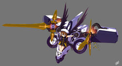  black_wings blue_eyes brown_hair female hair_ornament hat lyrical_nanoha mahou_shoujo_lyrical_nanoha_strikers mecha mecha_musume photoshop_(medium) robot schwertkreuz solo wadatsumi_garland wings x_hair_ornament yagami_hayate 