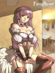  bare_shoulders boots braid breasts choker cleavage corset dagger eika_(artist) female first_blade garter_belt knife large_breasts lingerie long_hair medieval original pink_hair solo thigh_boots thighhighs underwear weapon yellow_eyes 