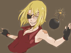  armpits baccano! blonde_hair bomb burn_scar choker commentary explosive eyepatch female fingerless_gloves glasses gloves grin hachimitsuboi nice_holystone photoshop_(medium) scar smile solo 