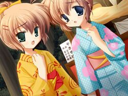  1boy 2girls blue_eyes blush brown_hair dutch_angle festival floral_print game_cg green_eyes hair_ornament hairclip hajimete_no_orusuban hajimete_no_otetsudai hand_on_own_chest head_out_of_frame holding_hands japanese_clothes jpeg_artifacts kimono long_hair long_sleeves mizuki_saori mizuki_shiori multiple_girls obi open_mouth ponytail ribbon sash siblings sin-go sisters twins yukata 