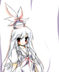  blush bow breasts cleavage closed_mouth collarbone eyebrows female frown hat kamishirasawa_keine kerchief long_hair looking_at_viewer mizuno_minato puffy_short_sleeves puffy_sleeves red_eyes short_sleeves simple_background small_breasts solo tate_eboshi touhou upper_body white_background white_hair 