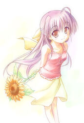  ahoge brown_eyes female flower half_updo hinata_natsumi_(sharin_no_kuni) long_hair photoshop_(medium) purple_hair sharin_no_kuni_himawari_no_shoujo skirt solo sunflower takoyaki_(roast) 