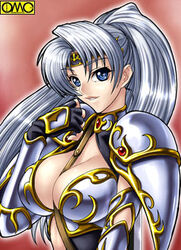  armor asura_fantasy_online between_breasts bikini_armor blue_eyes breasts center_opening cleavage cleavage_cutout clothing_cutout elbow_gloves fantasy female fingerless_gloves floating_hair gem gloves greaves grey_hair grin hair_between_eyes hand_to_own_mouth headband high_ponytail kagami_hirotaka large_breasts long_hair looking_at_viewer looking_back lowres midriff omc pauldrons ponytail profile red_background reina_forster shoulder_armor smile solo strap turtleneck upper_body watermark 