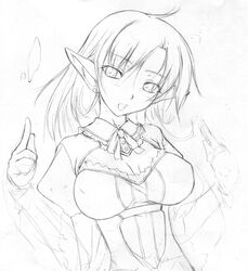  amei_sumeru breasts copyright_request female greyscale monochrome pointy_ears sketch solo 