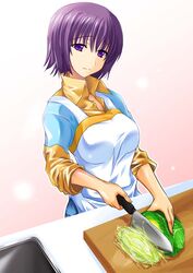  2000s_(style) apron cabbage cooking female food maho_(yakimorokoshi) mature_female photoshop_(medium) purple_eyes purple_hair shion_no_ou solo yasuoka_sachiko 