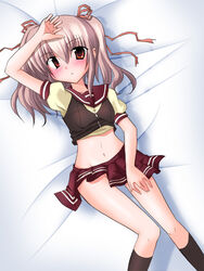  bad_link bed brown_eyes brown_hair crop_top female hair_ribbon komorebi_ni_yureru_tamashii_no_koe kouenji_ayana lying midriff nagami_yuu navel no_panties ribbon school_uniform solo twintails 