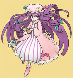  ankle_boots blunt_bangs book boots bow crescent crescent_hat_ornament female full_body hat hat_ornament holding holding_book itsukage jitome long_hair looking_at_viewer mob_cap open_book patchouli_knowledge pink_bow purple_eyes purple_hair robe simple_background solo touhou very_long_hair yellow_background 