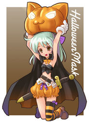  :3 belt bloomers bow cape copyright_request female full_body gloves hairbow halloween jack-o&#039;-lantern katahira_masashi orange_bloomers photoshop_(medium) pumpkin solo striped_clothes striped_thighhighs sword thighhighs underwear weapon 