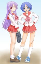  2girls :d blue_eyes blue_hair blush breasts briefcase contrapposto himekawa_kotone holding kneehighs loafers long_hair long_sleeves looking_at_viewer matsubara_aoi multiple_girls open_mouth pink_hair pleated_skirt red_eyes red_skirt school_briefcase shirt shoes short_hair skirt small_breasts smile sneakers socks standing t2r to_heart to_heart_(series) white_legwear white_shirt 