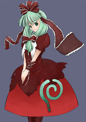  blush bow cowboy_shot dress female frills front_ponytail green_eyes green_hair hairbow itsukage kagiyama_hina long_hair looking_at_viewer own_hands_together pantyhose red_bow red_dress red_pantyhose shawl solo standing touhou v_arms wrist_cuffs 