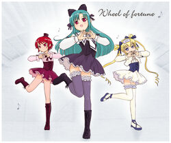  3girls :d aqua_hair black_bow black_footwear black_hat black_ribbon blonde_hair blue_eyes blue_footwear blue_ribbon blush boots bow bowtie buttons corset cropped_jacket cross-laced_footwear dancing dress_shirt drill_hair eighth_note frilled_legwear frilled_skirt frills full_body hair_ornament hair_ribbon hairbow hat hayama_kotono heart heart_hands hijiri_misaki jacket knee_boots lace-up_boots long_hair long_sleeves looking_at_viewer mini_hat mini_top_hat multiple_girls musical_note necktie open_mouth panties pantyshot parted_bangs photoshop_(medium) pink_shirt pose purple_legwear purple_skirt red_bow red_bowtie red_eyes red_footwear red_hair red_skirt ribbon saint_october shirafuji_natsuki shirt shoes short_hair skirt smile standing standing_on_one_leg thighhighs top_hat twintails underwear white_bow white_jacket white_legwear white_necktie white_panties white_shirt white_skirt yuuichi_(tareme_paradise) 